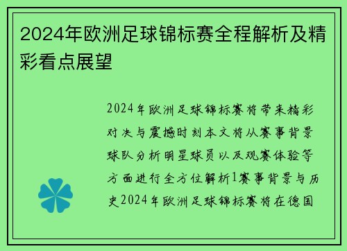 2024年欧洲足球锦标赛全程解析及精彩看点展望